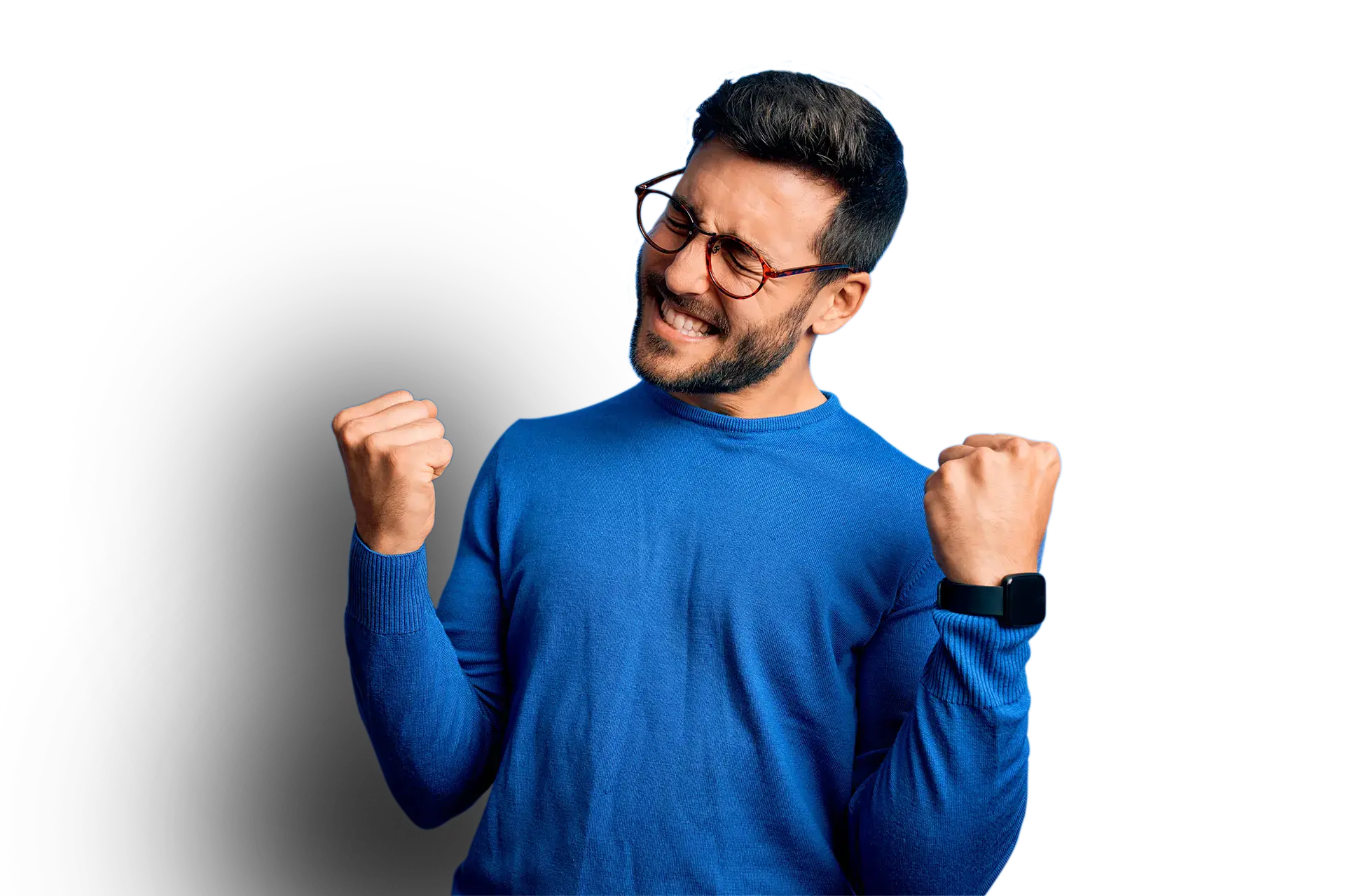 A jubilant man in glasses wearing a blue sweater, with a smartwatch, fists pumped in a victorious gesture against a blue and black background.