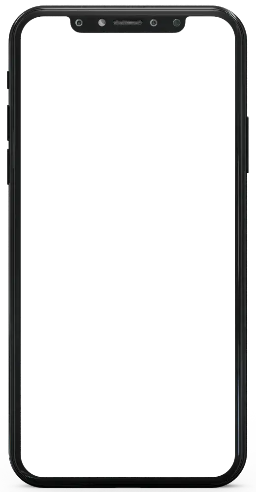 A modern smartphone with a black front display, notch design at the top, and a thin black bezel, against a transparent background.