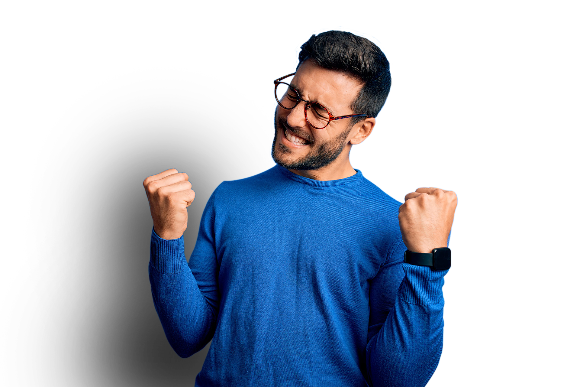 A jubilant man in glasses wearing a blue sweater, with a smartwatch, fists pumped in a victorious gesture against a blue and black background.