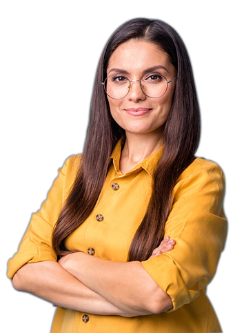 A confident woman with long hair, wearing glasses and a yellow blouse, standing with her arms crossed against a black background.