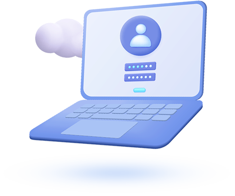 Stylized illustration of a blue laptop with a login screen display, featuring a user icon and password fields, with a whimsical cloud to the side, suggesting a light and user-friendly technology theme.