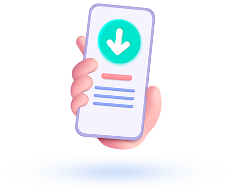 A hand holding a smartphone displaying an app interface with a prominent download icon at the top and text lines below, set against a soft purple background, representing a user-friendly mobile download or update process.