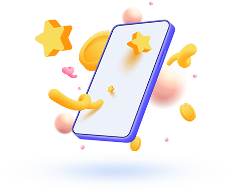 A colorful and playful illustration of a smartphone surrounded by abstract shapes, stars, and blobs in warm shades of yellow, orange, and pink, conveying a sense of creativity and fun in a mobile experience.